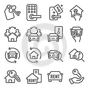 Rental Real Estate Auto Mobil icons set vector illustration. Contains such icon as Car rental, Key card and more. Expanded Stroke photo