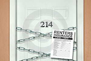 Renters insurance policy hanging from chains on apartment door representing security