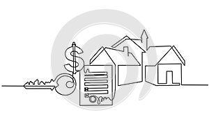 Renting or buying house: contract, money, key, home. Continuous one line drawing