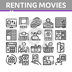 Renting Movies Service Collection Icons Set Vector