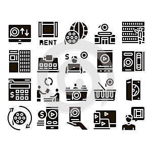 Renting Movies Service Glyph Set Vector
