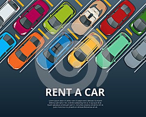 Renting a new or used car. Car rental booking reservation banner. Vector illustration background