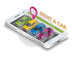 Renting a new or used car. car rental booking reservation on mobile smartphone. Used cars app. Vector illustration photo