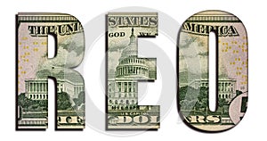 REO Real Estate Owned Abbreviation Word 50 US Real Dollar Bill Banknote Money Texture on White Background photo