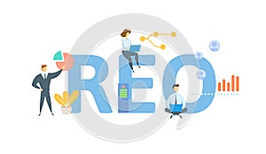 REO, Real Estate Owned. Concept with keyword, people and icons. Flat vector illustration. Isolated on white. photo