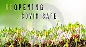 Reopening, Covid safe sticker sign for post covid-19 coronavirus pandemic illustration, covid safe economy and environment