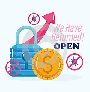 Reopening, we have returned open, financial money padlock growth arrow, coronavirus covid 19