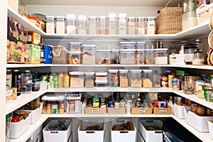 reorganized pantry with clearly labeled food and organized shelves