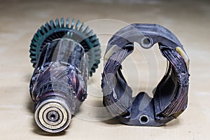 Repair of a broken angle grinder. Gear and rotor of the electric