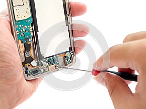 Repair broken smartphone on white background