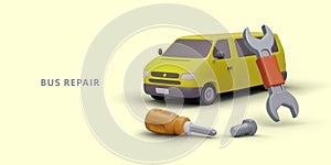 Repair of buses, minibuses. 3D minivan, tools in cartoon style. Auto mechanic services