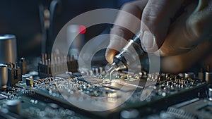 repair of a computer, close up of a computer board soldering with soldering iron by technician