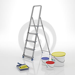 Repair concept. Ladder and paints, 3D illustration