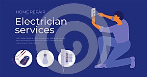 Repair home service vector illustration, electrician services design template with engineer repairman working screwdriver screwing