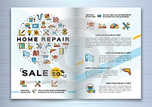 Repair House Brochure, Renovation Home template flyer. Thin line art design, Vector illustration