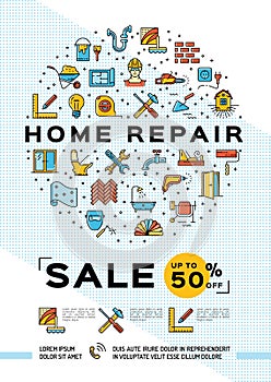 Repair House Poster, Renovation Home template. Thin line art design, Sale and promotions banner. Vector illustration