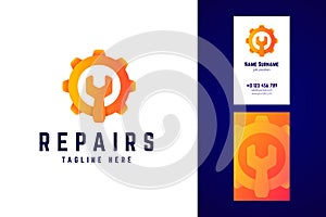 Repair logo and business card template. Gear sign with wrench.