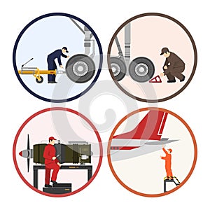 Repair and maintenance of aircraft. Image of workers near the ai