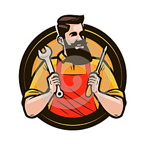 Repair, maintenance logo or label. Repairman holds in hands tools a wrench and screwdriver. Cartoon vector illustration