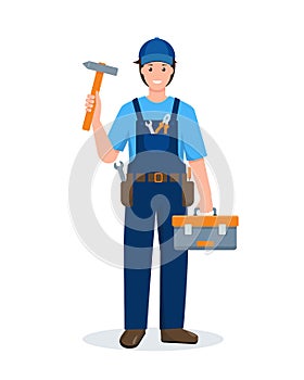 Repair man character in blue uniform with work tools