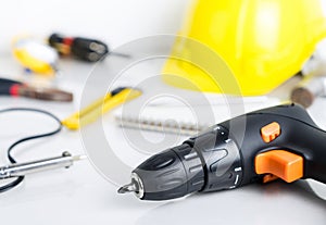 Repair man, construction worker tools on white background.