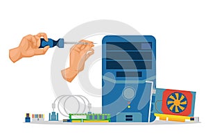 Repair and prevention computer parts work vector illustration. Worker hands character unwind processor parts