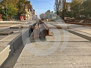 Repair of the road in the city-replacement of rails for the tram