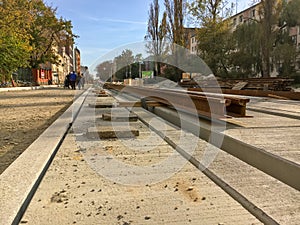 Repair of the road in the city-replacement of rails for the tram