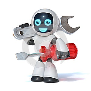 Repair robot holding wrench tool and screwdriver, IT support, 3d rendering