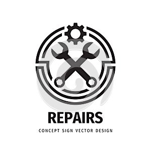 Repair service business logo design. Industry concept sign. Mechanic company emblem. Search engine optimization symbol. Gear