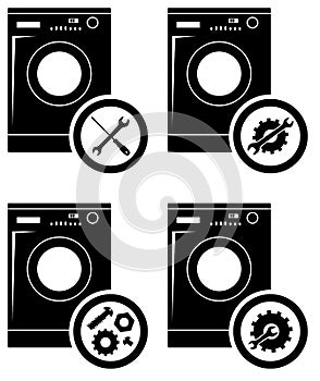 Repair service concept. Simple icons set: wrench, screwdriver, hammer and gear. Mending of refrigerators. Vector