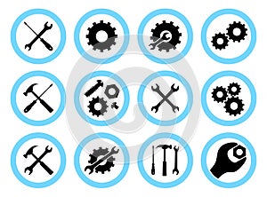 Repair service concept. Simple icons set: wrench, screwdriver, hammer and gear. Services icon or button on