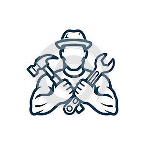 Repair Service Man Logo, a muscular construction worker with tools hammer and wrench