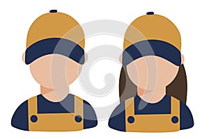 Repair service workers logo. Man and woman. Mechanical workshop. Vector illustration