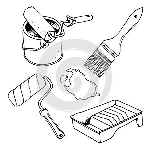 Repair tools, painting tools, vector hand drawn illustration set