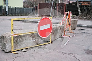 Repair work. Road repair in city street. A closed crosswalk