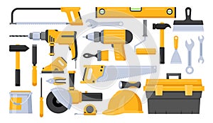 Repair worker tools vector illustration set. Cartoon yellow hand instrument equipment for work on construction home