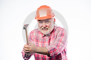 Repair workshop. Repair concept. Senior foreman worker. Home improvement repair. Man bearded laborer wear helmet hold