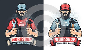 Repair workshop retro logo with handyman and tools