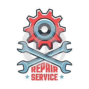 Repair workshop - vintage emblem with gear and spanner