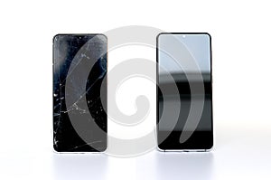 Before and after repaired Mobile smartphone with broken screen on white background. Repairs concept.