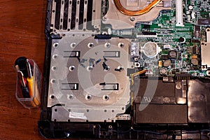 Repairing a broken laptop, unscrewing screws with small screwdrivers