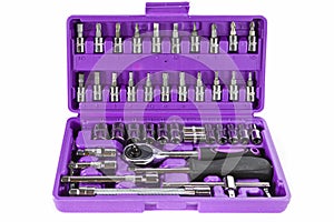 Repairing Concepts. Toolbox Or Tools Kit Case With Detail Close up of Set of Instruments For Car or Household Use On White