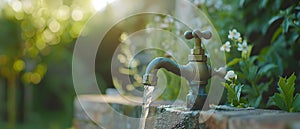 Repairing a Leaking Outdoor Faucet or Tap in Yard. Concept Plumbing, Outdoor Repairs, Leaking