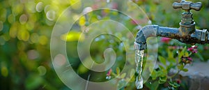 Repairing a Leaking Outdoor Faucet or Tap in Your Yard. Concept Leaking Outdoor Faucet, DIY