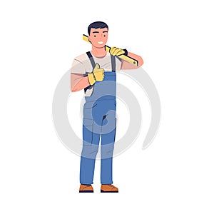 Repairman in Blue Overalls with Level Standing and Showing Thumb Up Vector Illustration