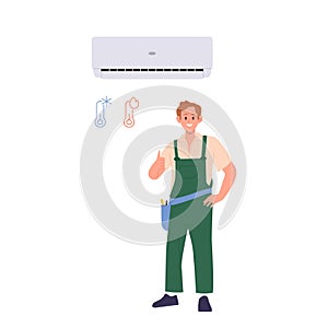 Repairman cartoon character gesturing thumbsup approving successful air conditioner adjustment photo