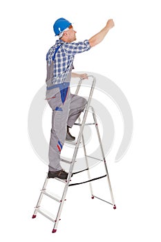 Repairman climbing step ladder