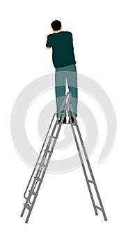 Repairman with cordless drill in hand  illustration isolated on white. Handyman on ladders working on wall hole. Carpenter