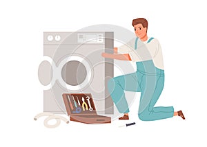 Repairman fixing broken washing machine. Plumber repairing washer. Electrician working with home appliance. Flat vector